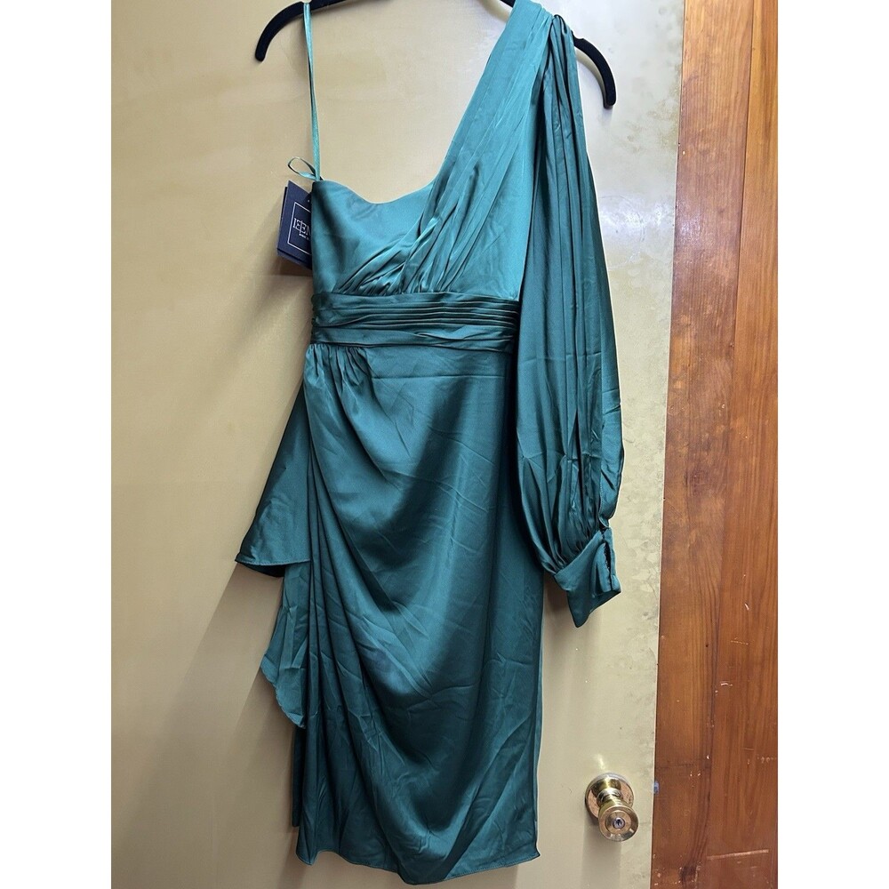 Ieena For Mac Duggal Emerald One-Shoulder Satin Ruffle Cocktail Dress Size 6 New - Picture 5 of 7